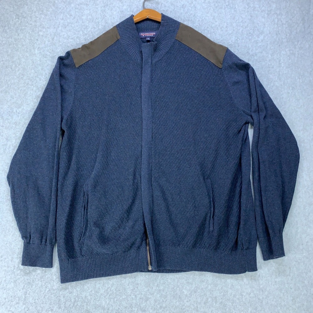 Roundtree & Yorke Full Zip Sweater Mens XL Blue Cotton Suede Patch Cardigan